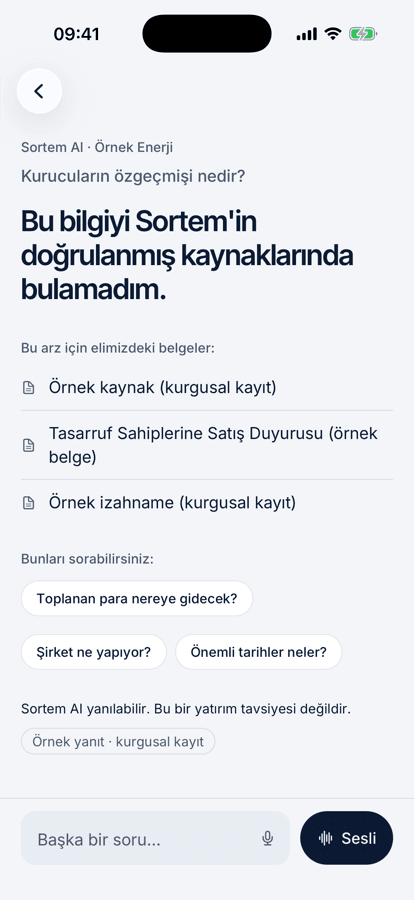 Sortem AI yanıtı: bu bilgiyi doğrulanmış kaynaklarında bulamadığını söylüyor; altında bu arz için eldeki örnek belgeler ve sorulabilecek sorular.