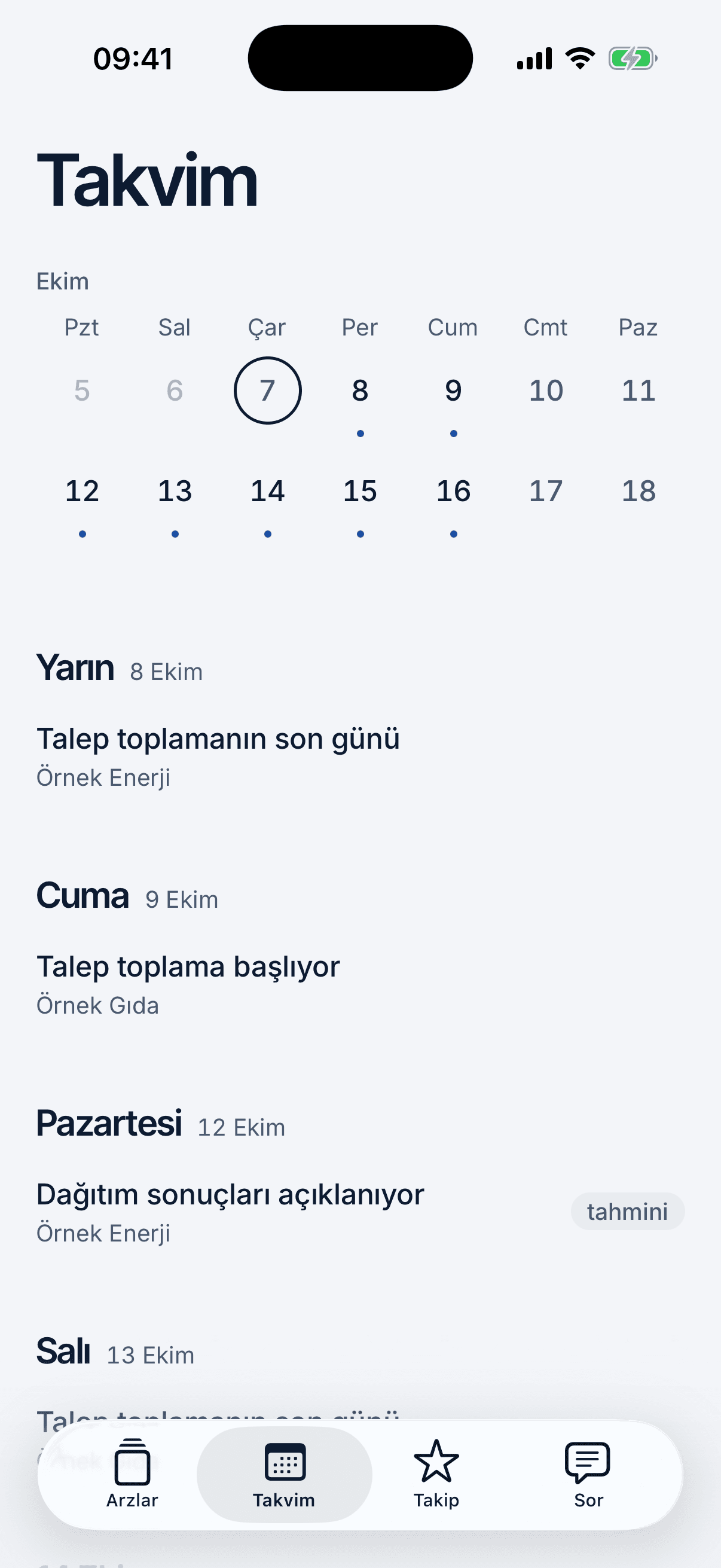 Takvim: ekim ayı ve gün gün olaylar; 8 Ekim: Örnek Enerji için talep toplamanın son günü.